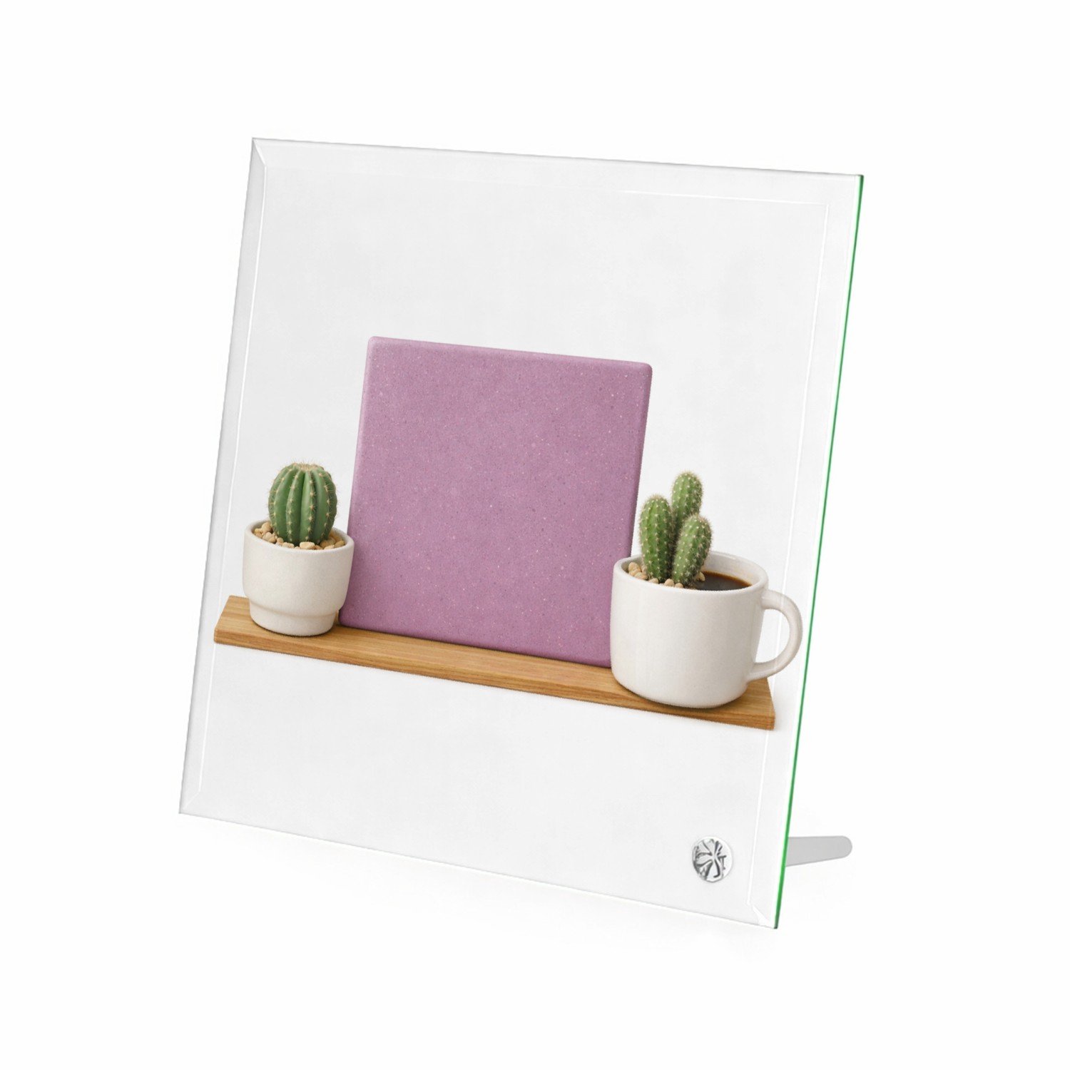 Mr Cadeautjes Glasframe 20 x 20 - design Een minimalistische koffiemok met twee kleine cactussen en e | cadeau Wit
