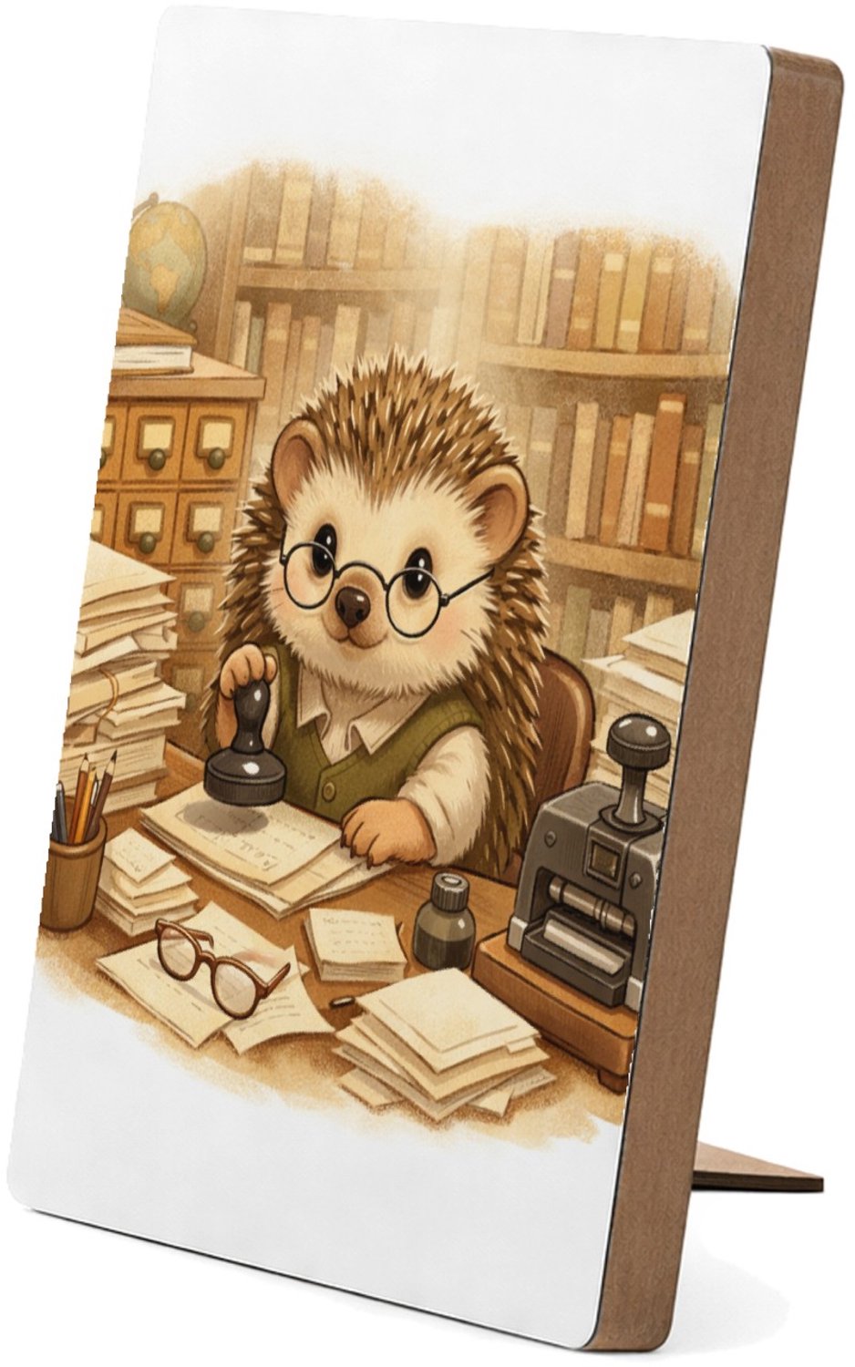 Mr Cadeautjes Glasframe/MDF 12,7 x 17,8 - design Een egel als bibliothecaris tussen hoge boekenkasten, met te | cadeau Wit