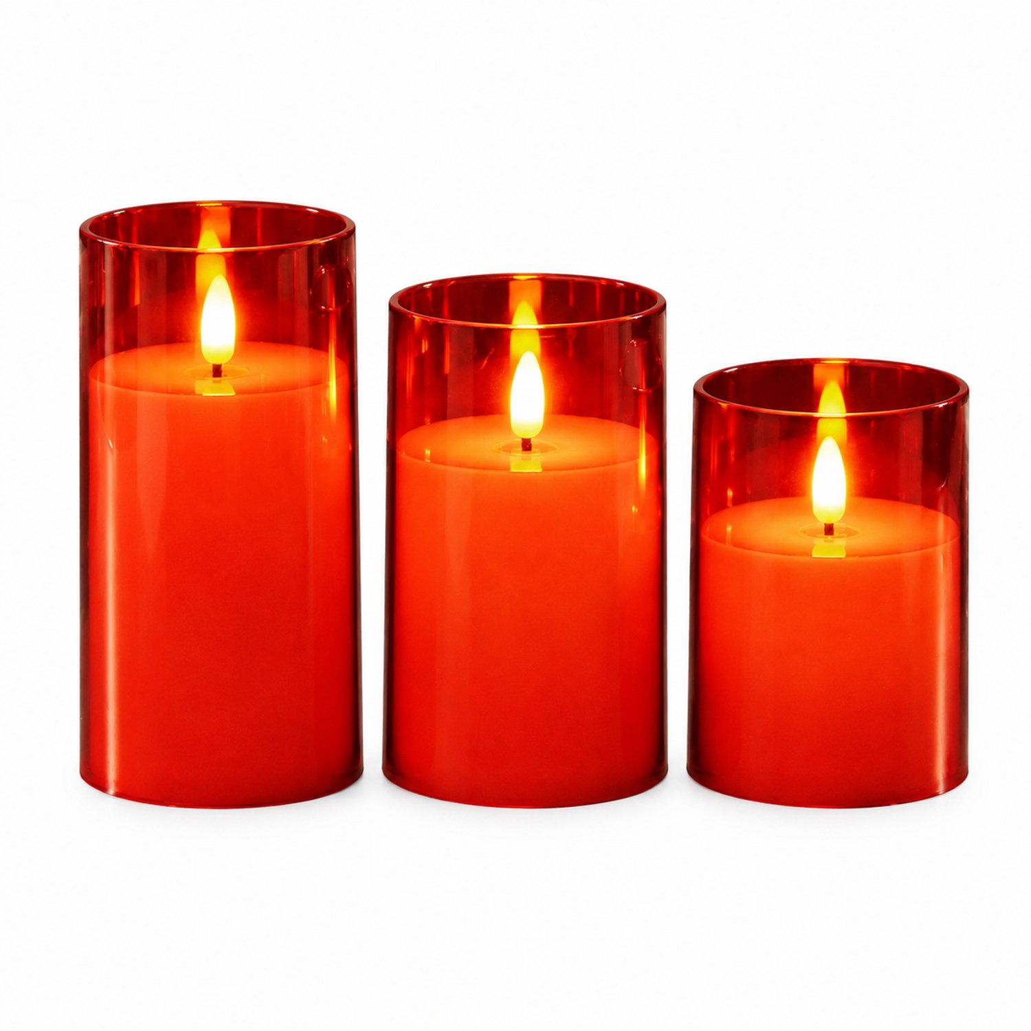 SWGOTA led kaarsen, rode set van 3 met puntvormige vlam, diameter 7,8 cm en hoogtes 10/12,5/15 cm, op batterijen, voor feestdecoratie, batterijen niet inbegrepen Rood