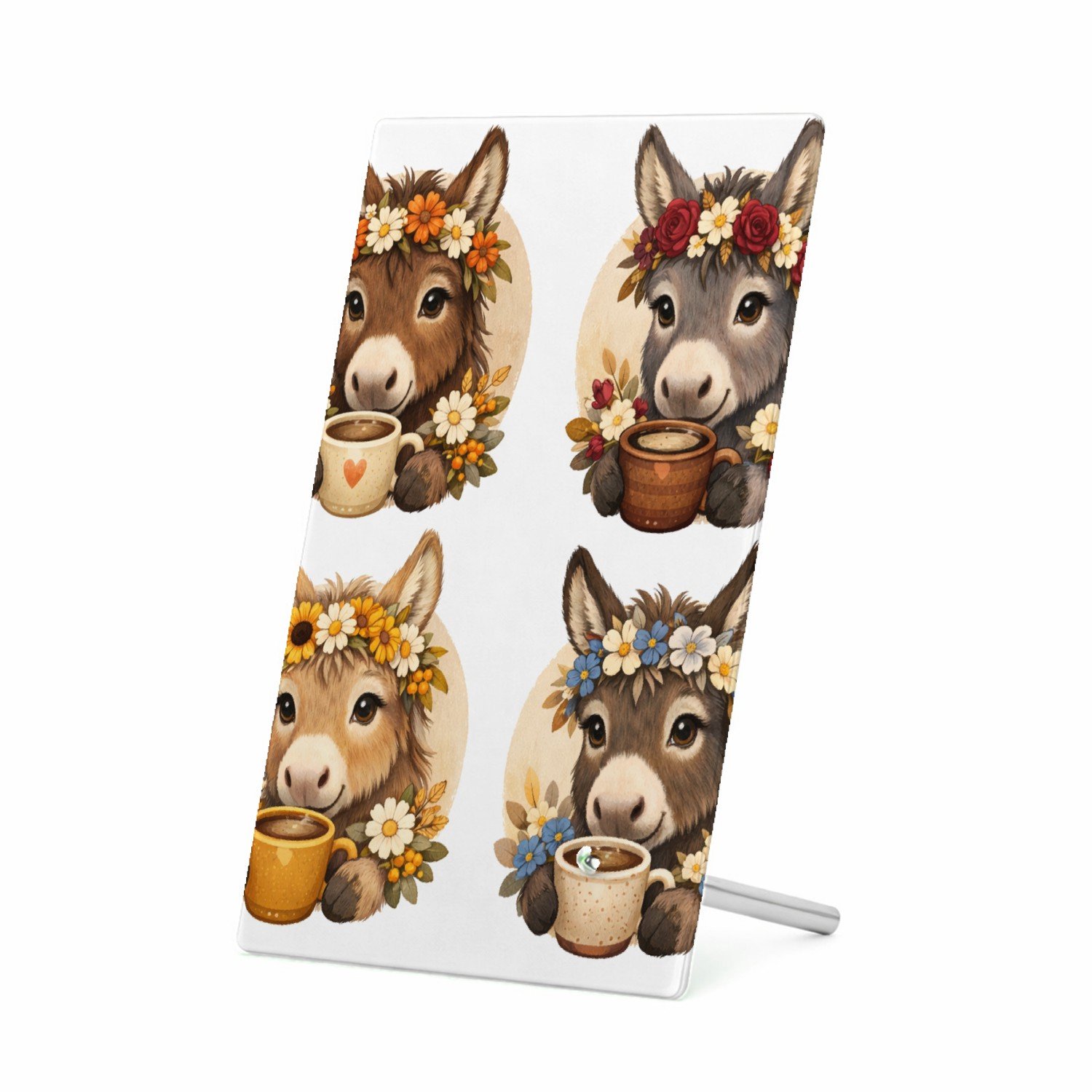 Mr Cadeautjes Glasframe 11 x 16 - design Een serie ezelportretten met boeketjes en een warme drank in | cadeau Wit
