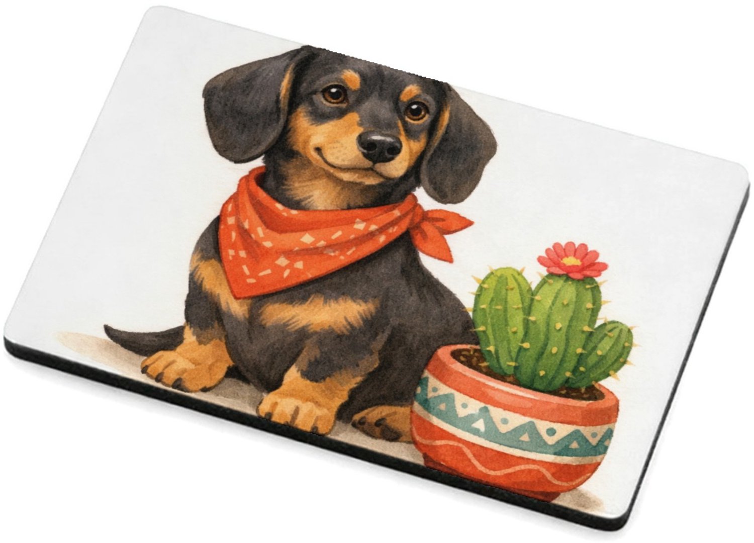 Mr Cadeautjes MDF magnetische fotolijst 7,5 x 5 - design Een eigenwijze teckel met een bandana, naast een kleine cact | cadeau Wit
