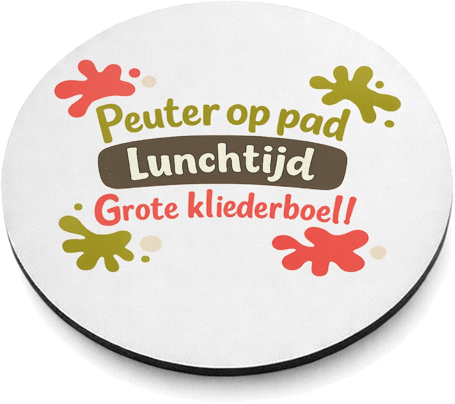 Mr Cadeautjes MDF magnetische fotolijst rond Ø 9,5 - design Een speelse typografische print met kliederaccenten rondom e | cadeau Wit