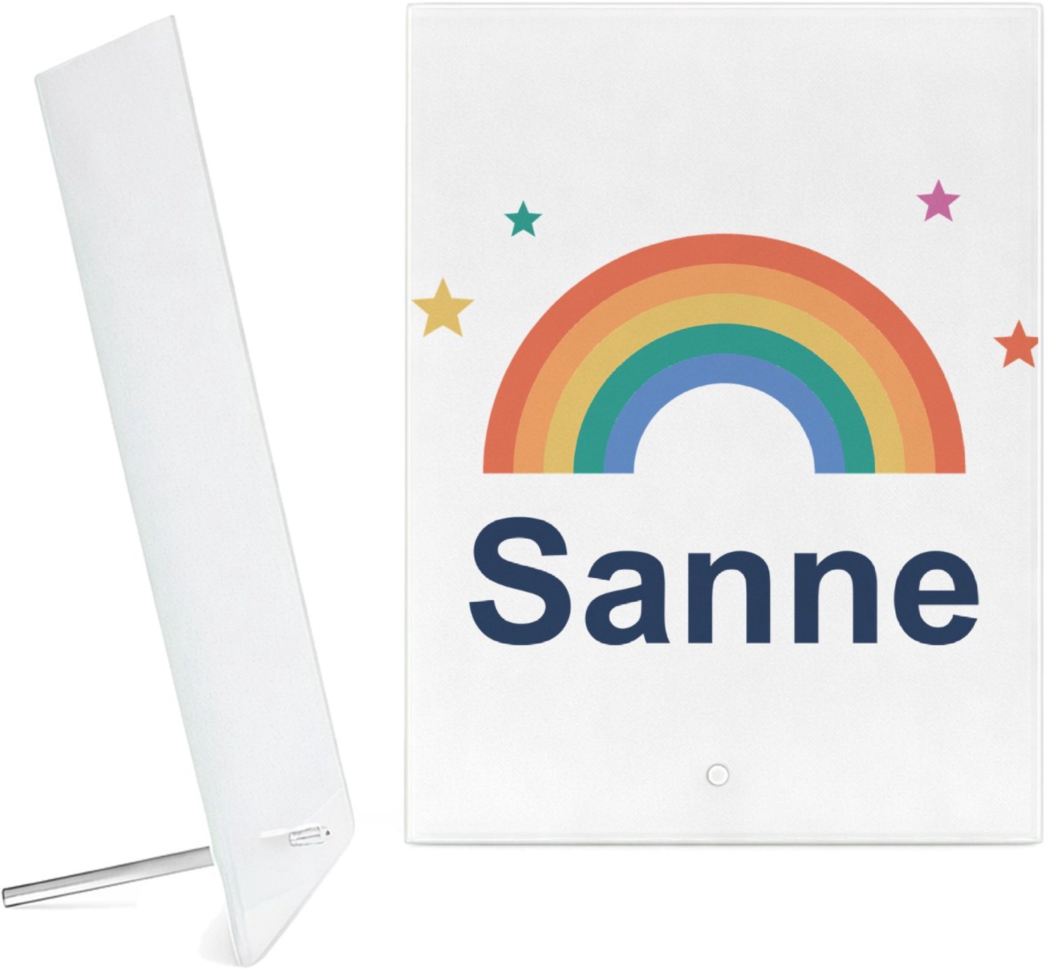 Mr Cadeautjes Glazen fotopaneel Regenboog met naam Sanne - 15 x 20 cm, staand - glas, decoratie, wanddecoratie | cadeau Wit
