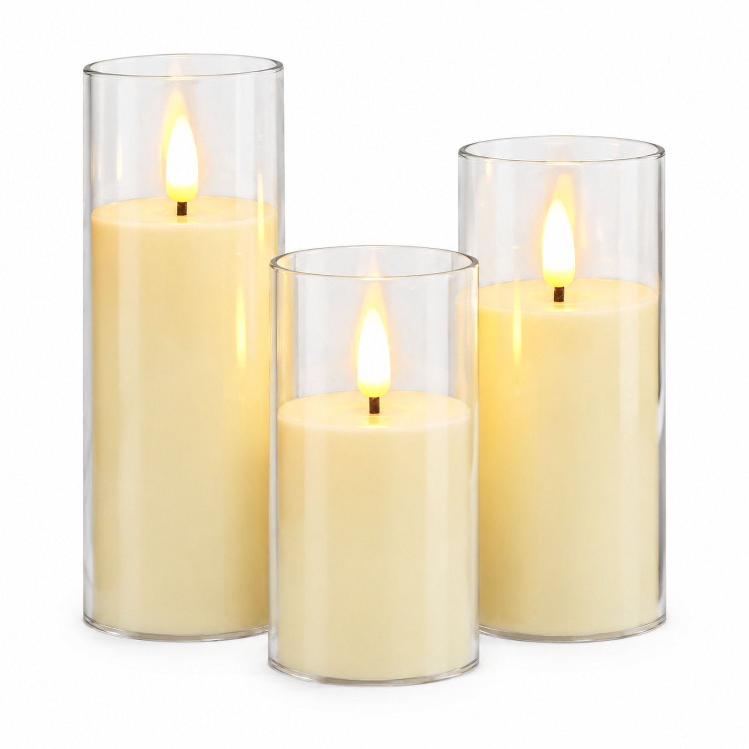 SWGOTA led kaarsen - set van 3 in ivoor met transparante behuizing, vlamvormige lichtpunten, diameter 5,5 cm en hoogtes 10/12,5/15 cm, op batterijen