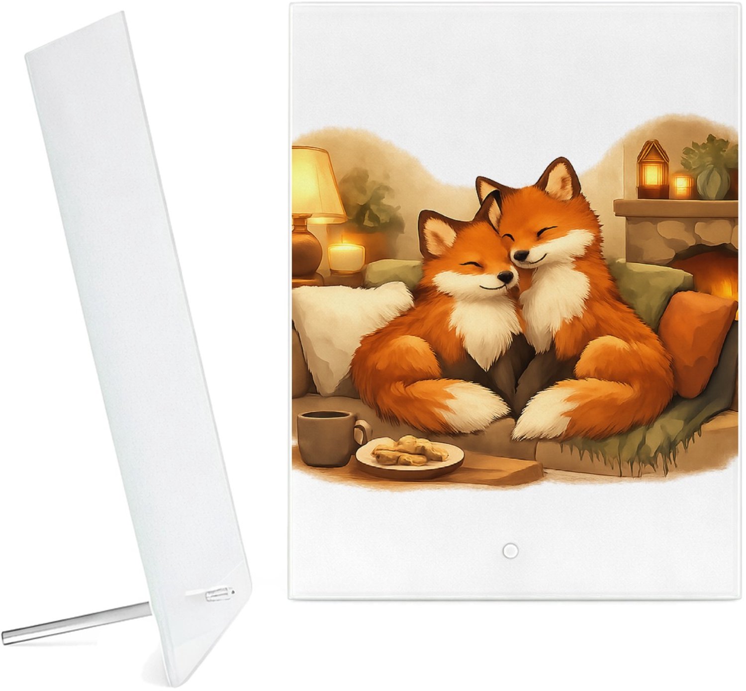 Mr Cadeautjes Glazen fotopaneel Een gezellige ochtendscène met twee dikke honden op een keuk - 15 x 20 cm, staand - glas, decoratie, wanddecoratie | cadeau Wit