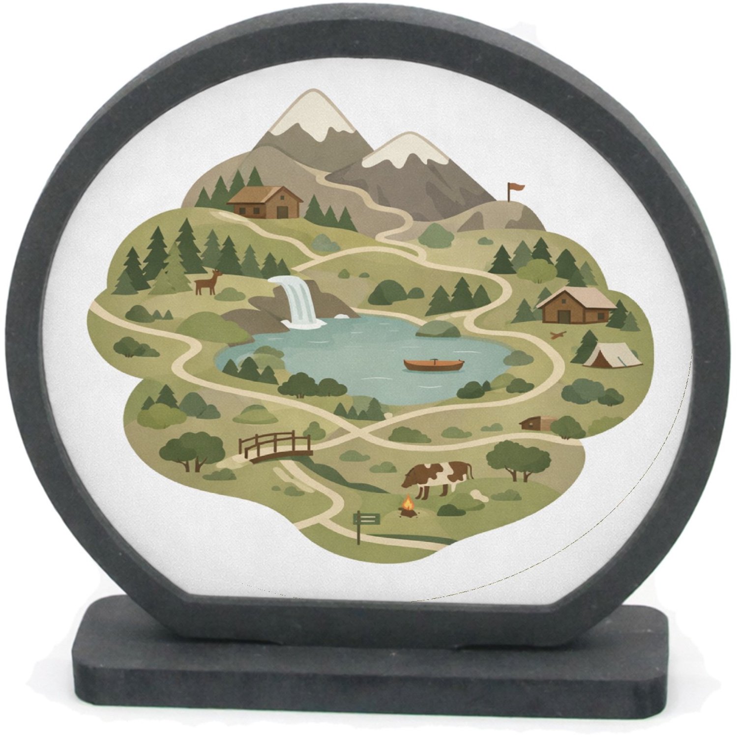 Mr Cadeautjes Houten fotolijst rond met MDF inleg - design Een gestileerde bergregio met wandelroutes, hutten en kleine | cadeau Wit