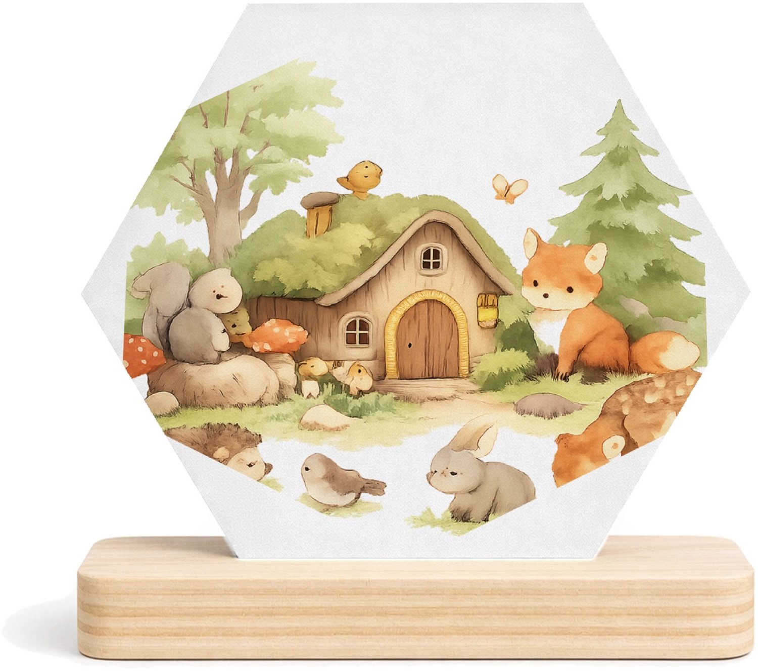Mr Cadeautjes MDF fotolijst/inleg hexagon 14 x 13 - design Een bosrijk ochtendtafereel met schattige dieren rond een ho | cadeau Wit