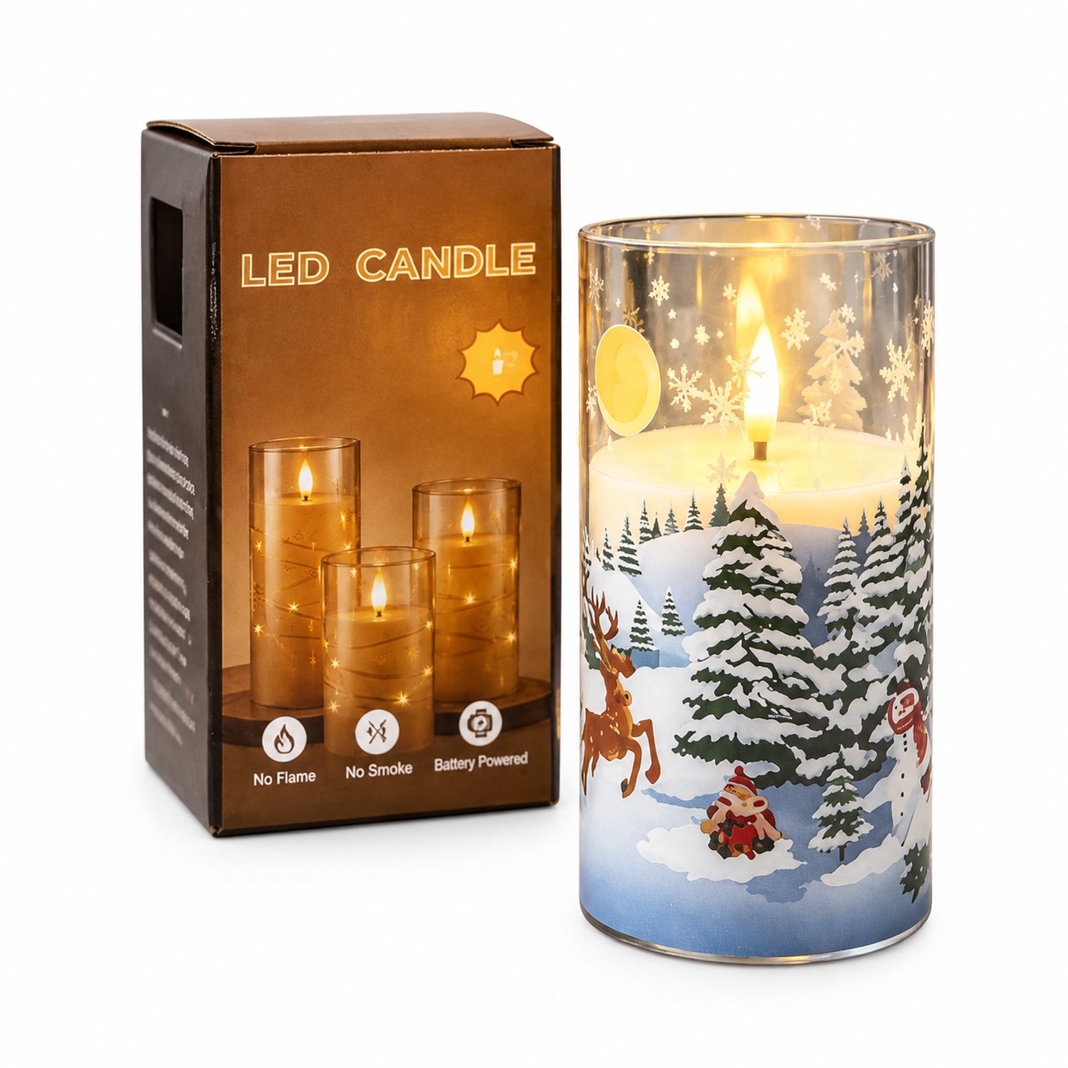 SWGOTA led kaarsen - 1 stuk, kerstslee met sneeuwmotief, 7,5 x 15 cm, warm licht, batterijvoeding, in doos, batterijen niet inbegrepen Bruin