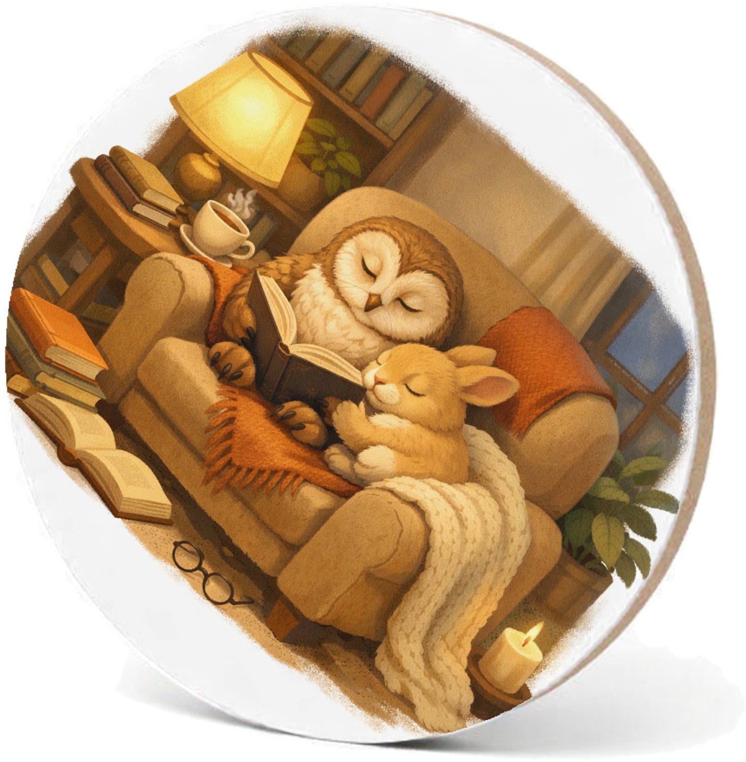 Mr Cadeautjes MDF fotolijst - design Een stille leeshoek met een uil en een konijn op een comfort | cadeau Wit