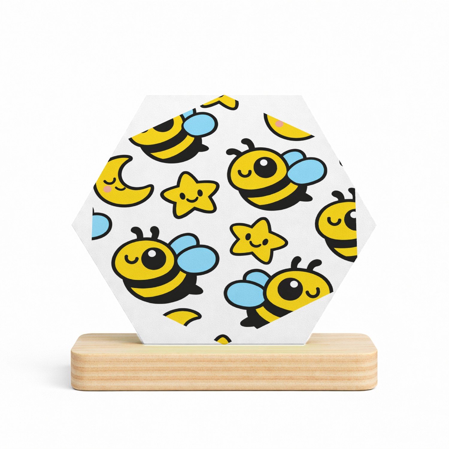 Mr Cadeautjes MDF fotolijst/inleg hexagon 14 x 13 - design Een herhaalpatroon met blije kleine sterren en maantjes die | cadeau Wit