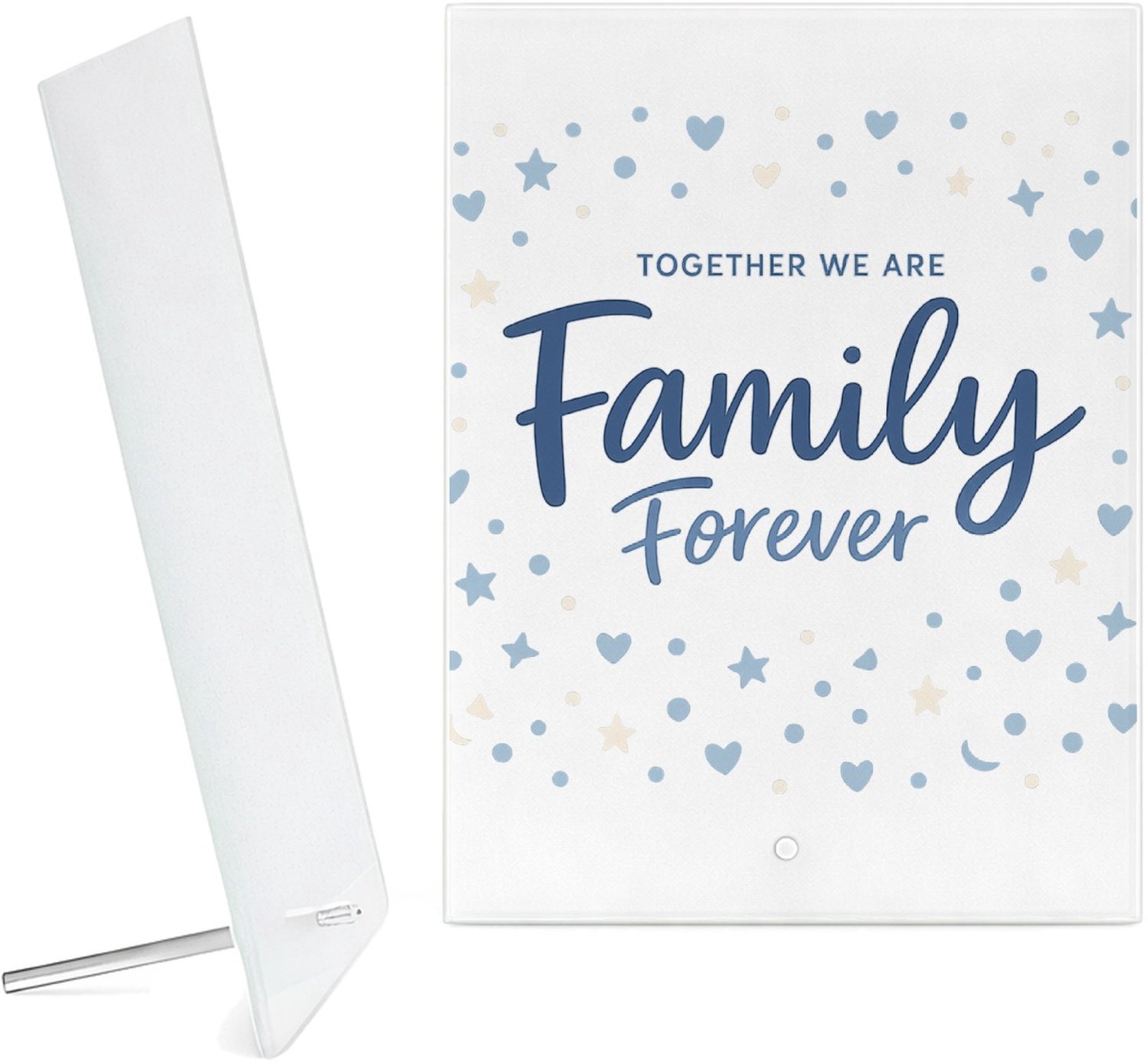 Mr Cadeautjes Glazen fotopaneel Een rustige familietypografische print met een speels stippe - 15 x 20 cm, staand - glas, decoratie, wanddecoratie | cadeau Wit