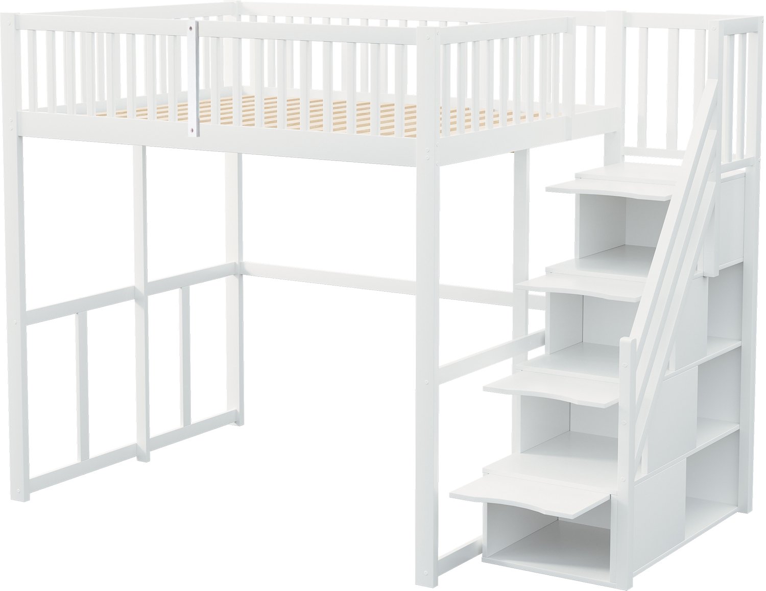 MUVANO Hoogslaper 140x200 cm - bed met opbergladder en veiligheidshek - houten bedframe van grenen - ruimte onder bed - wit - voor kinderen en volwassenen