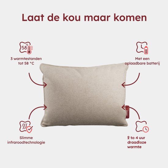 Beige Stoov warmtekussen met functies: 3 standen tot 58°C, oplaadbare batterij, infraroodtechnologie en 2-4 uur warmte.