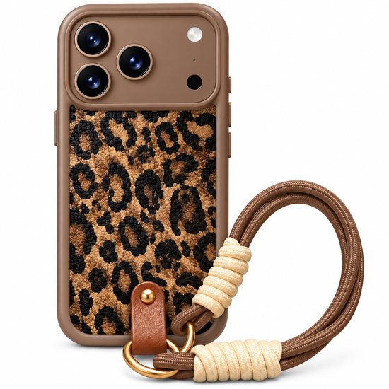 Bruin telefoonhoesje met luipaardprint en bijpassend afneembaar draagkoord in bruin en beige.