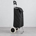 Zijaanzicht van de zwarte boodschappentrolley met lichtgrijze wielen en metalen frame.