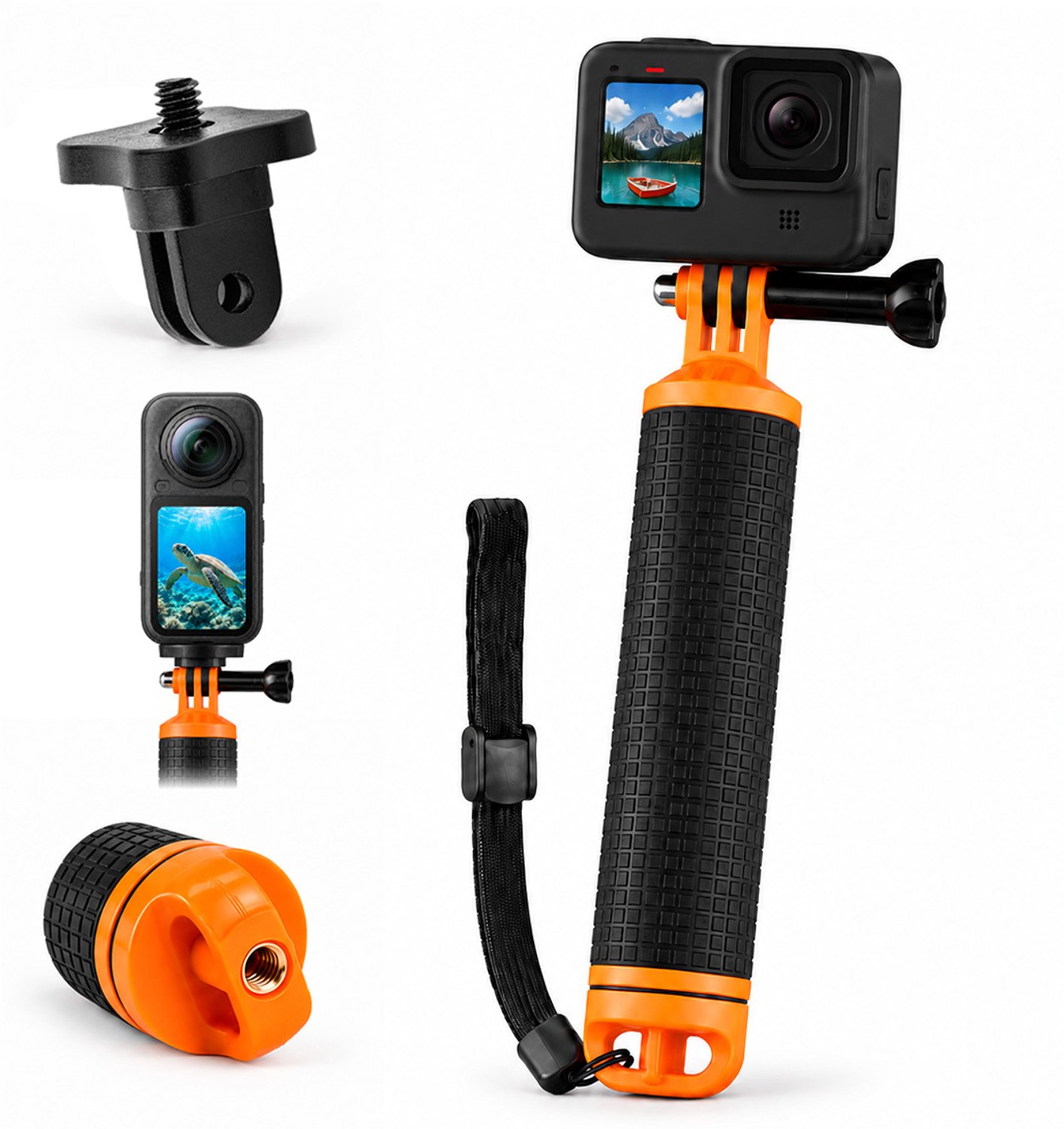 MOJOGEAR Bobber voor actioncam - Met polsbandje en opbergmogelijkheid - Laat je camera drijven - Floating hand grip - Voor GoPro / DJI Osmo Action / Insta360 - Zwart/oranje
