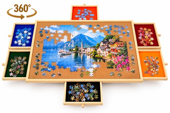 Puzzelbord met 6 gevulde lades en een compleet gelegde puzzel van een dorp aan het water.