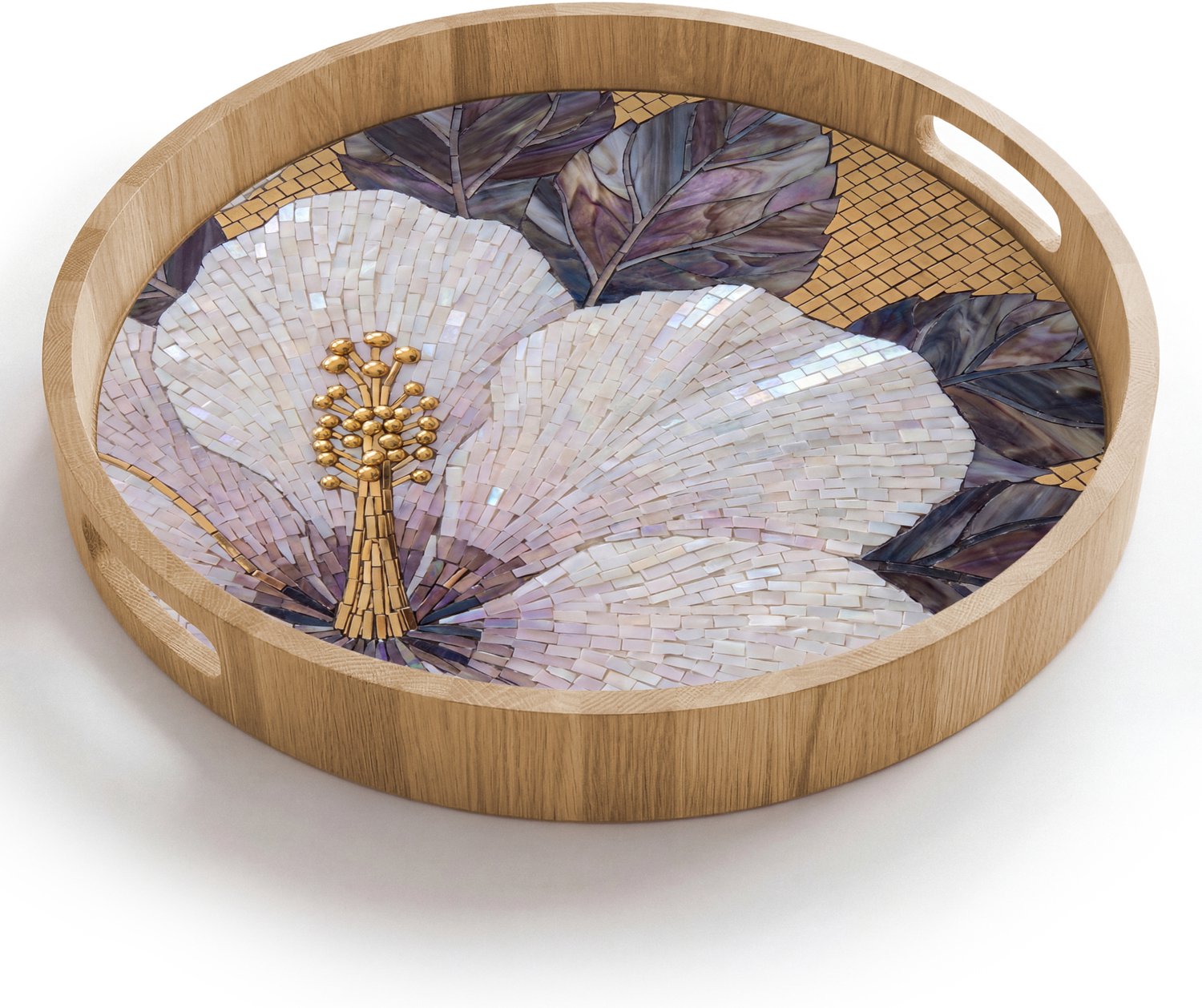 Dienblad rond 40x40 cm - Schootdienblad hout - Bloemen - Mozaïek - Kunst - Modern - Goud - Borrelplank rechthoek - Plateau houten dienbladen