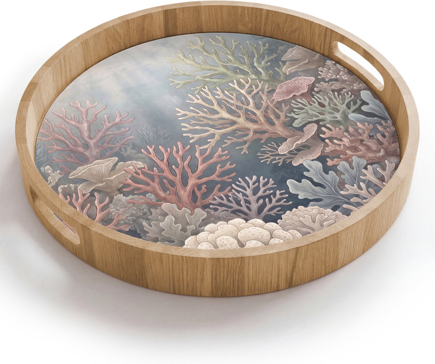 Dienblad rond 40x40 cm - Schootdienblad hout - Koraal - Zeeleven - Onderwater - Illustratie - Natuur - Borrelplank rechthoek - Plateau houten dienbladen