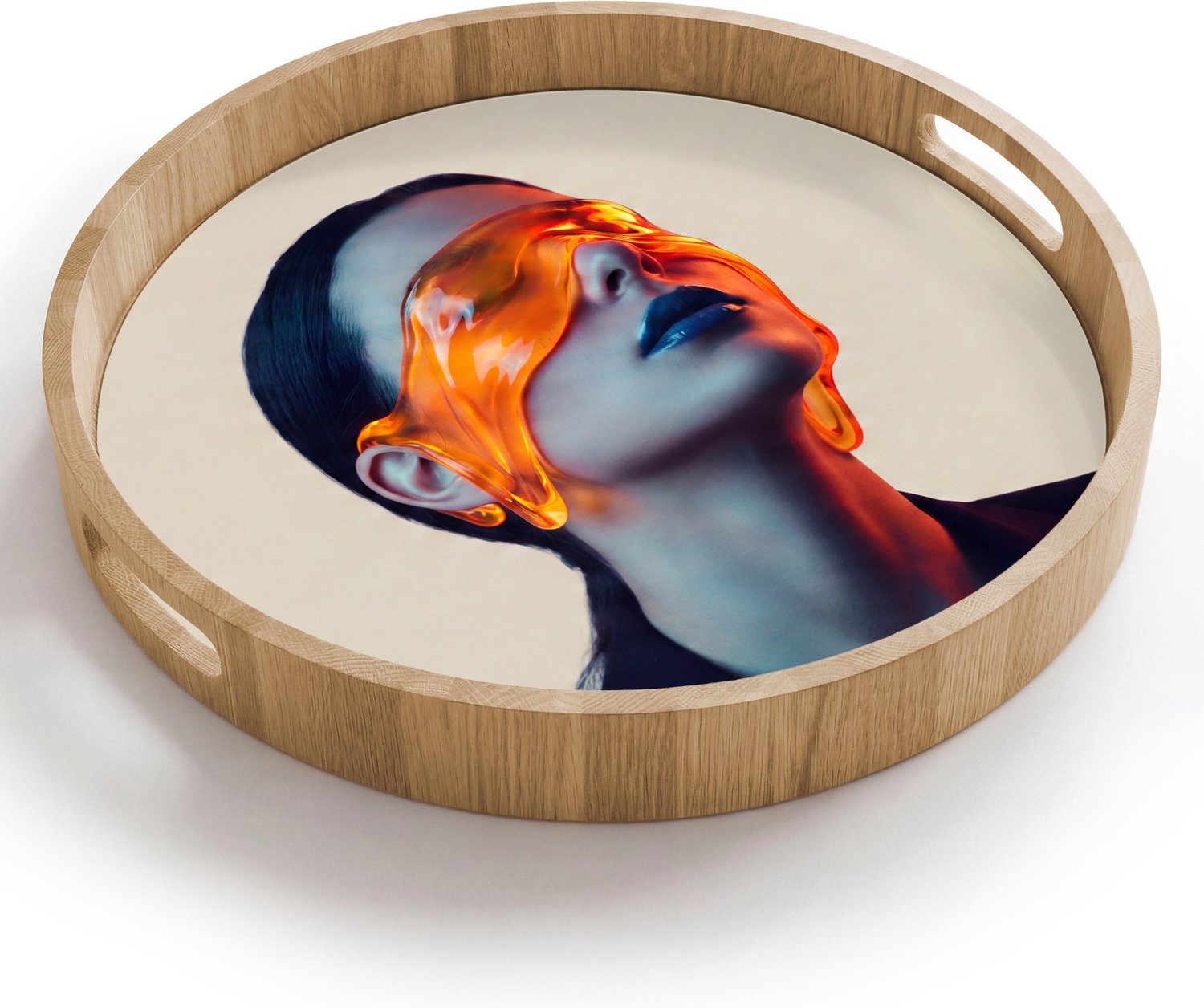 Dienblad rond 40x40 cm - Schootdienblad hout - Vrouw - Oranje - Abstract - Modern - Kleurrijk - Borrelplank rechthoek - Plateau houten dienbladen