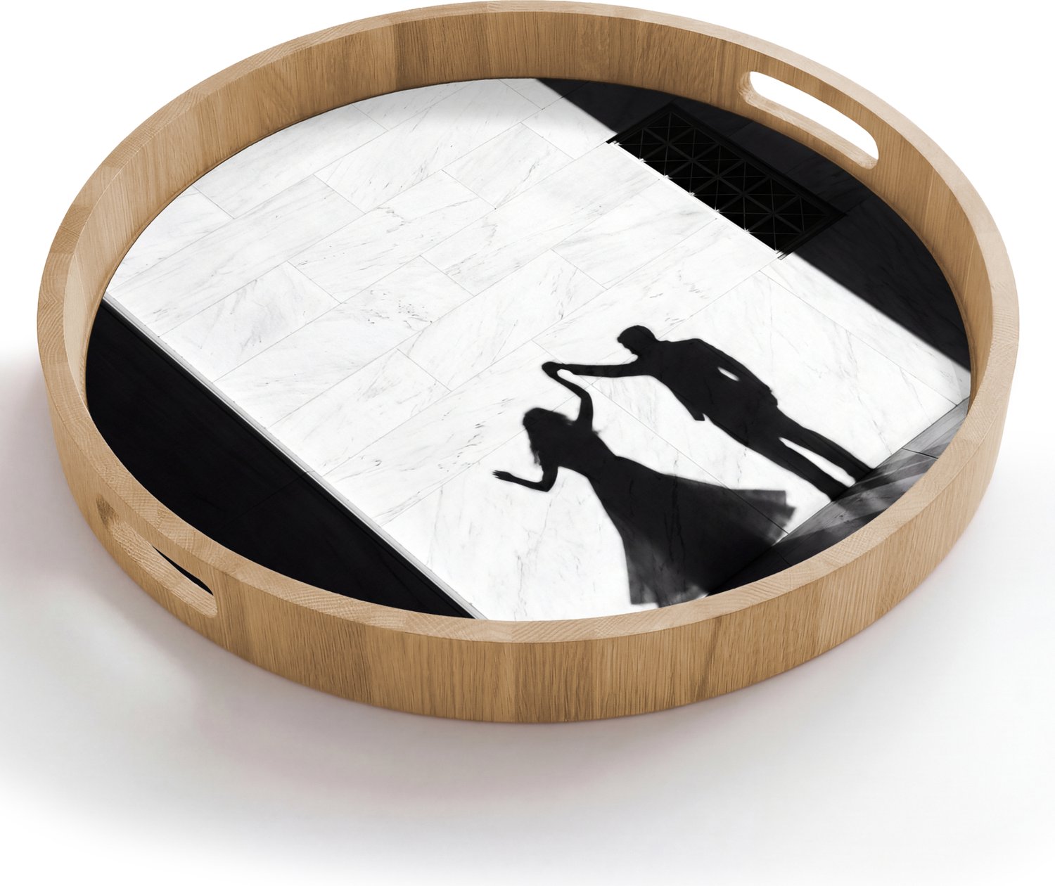 Dienblad rond 50x50 cm - Schootdienblad hout - Mensen - Schaduw - Dans - Zwart-wit - Liefde - Borrelplank rechthoek - Plateau houten dienbladen