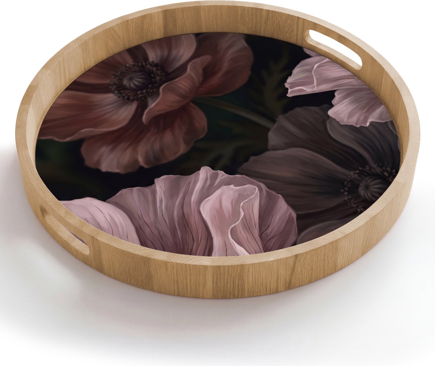 Dienblad rond 50x50 cm - Schootdienblad hout - Bloemen - Natuur - Roze - Donker - Modern - Borrelplank rechthoek - Plateau houten dienbladen