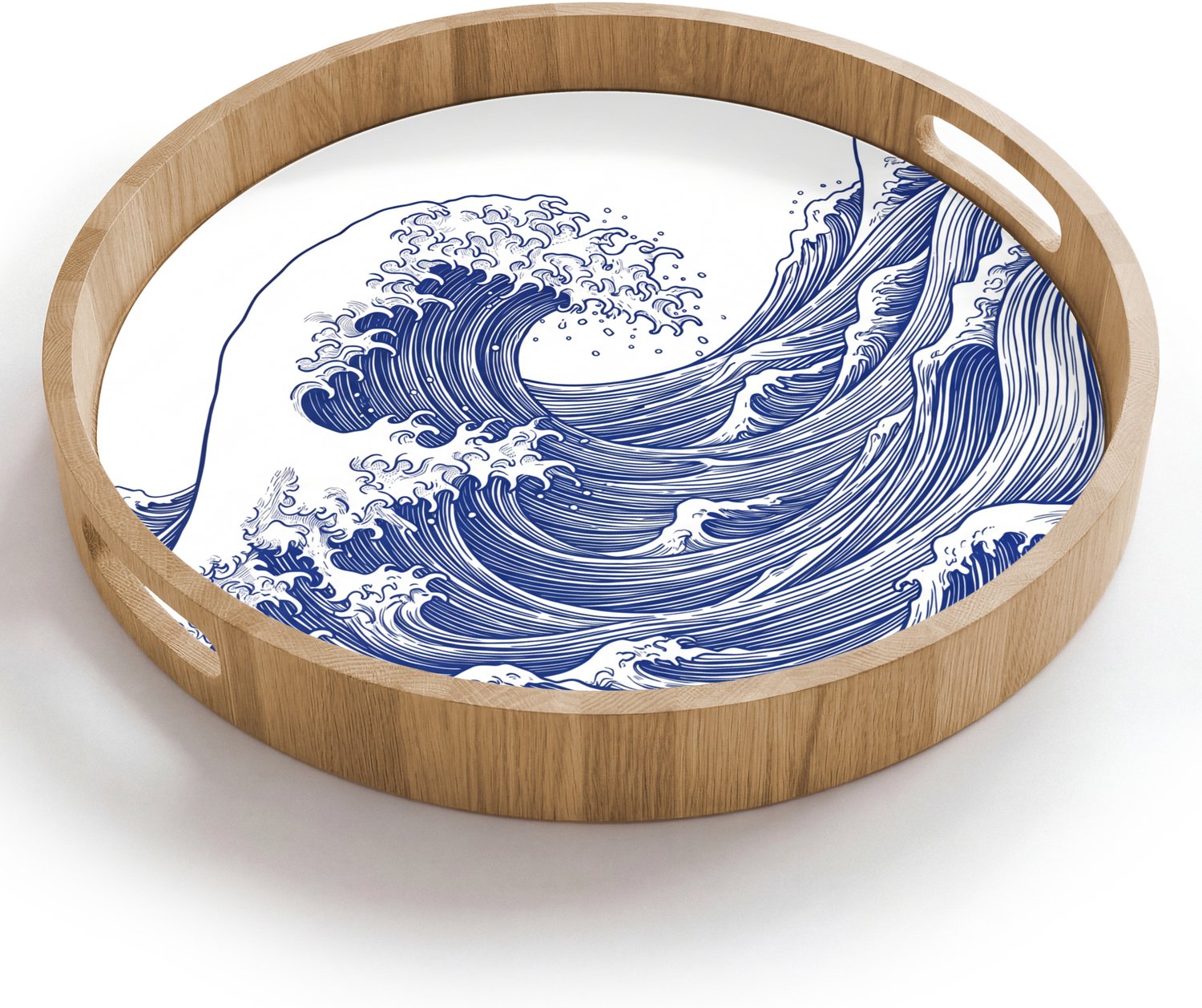 Dienblad rond 40x40 cm - Schootdienblad hout - Golf - Japans - Zee - Illustratie - Blauw - Borrelplank rechthoek - Plateau houten dienbladen