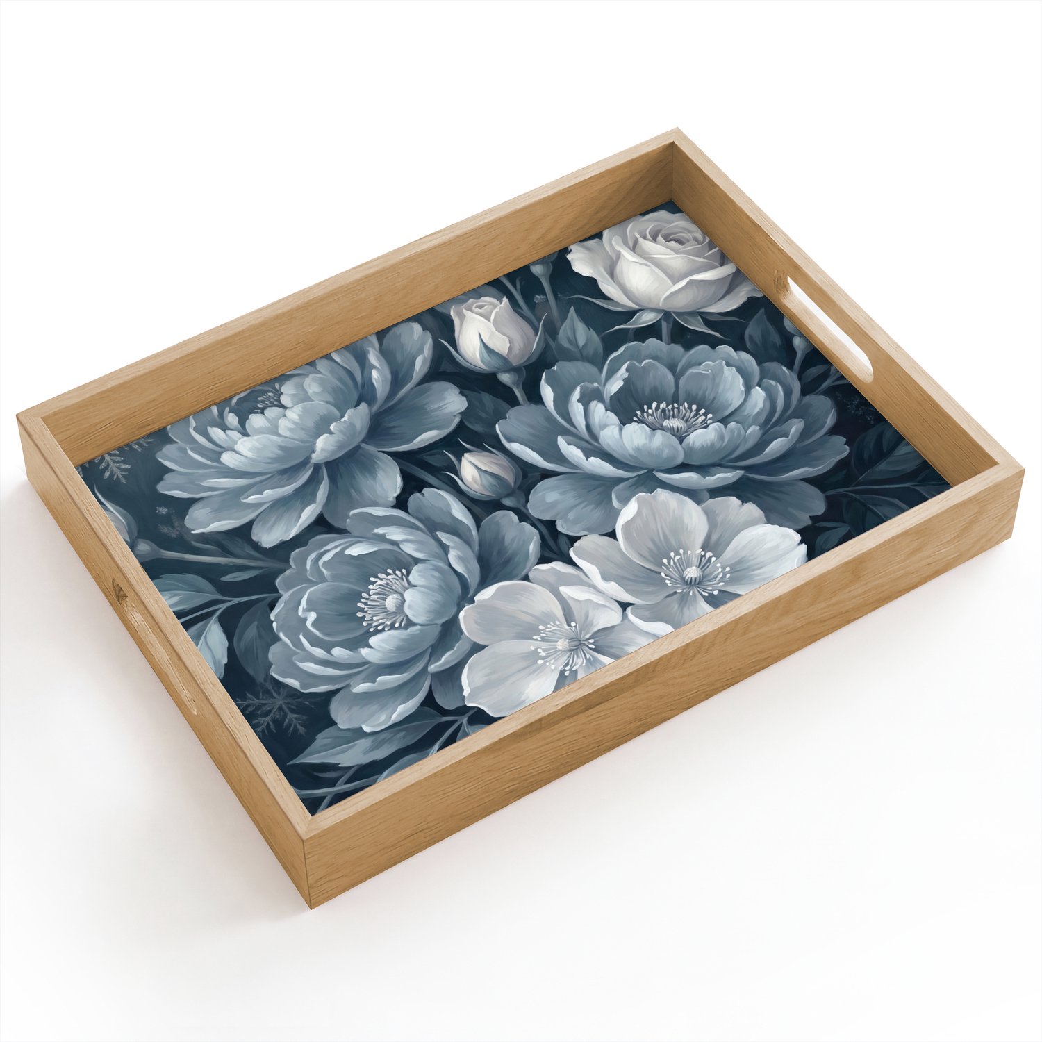 Dienblad hout 40x30 cm - Schootdienblad - Bloemen - Boeket - Winter - Abstract - Blauw - Borrelplank rechthoek - Plateau dienbladen
