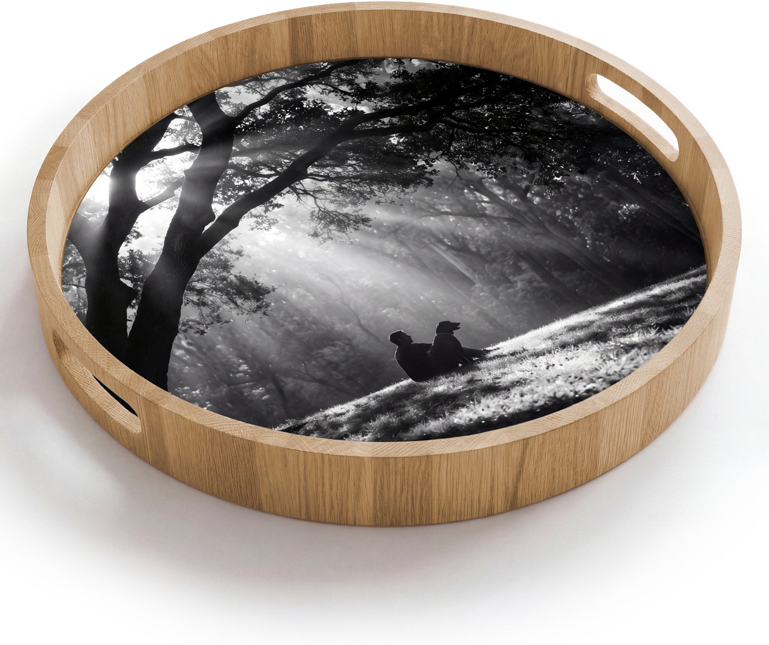 Dienblad rond 40x40 cm - Schootdienblad hout - Mens - Hond - Natuur - Zwart-wit - Silhouet - Borrelplank rechthoek - Plateau houten dienbladen