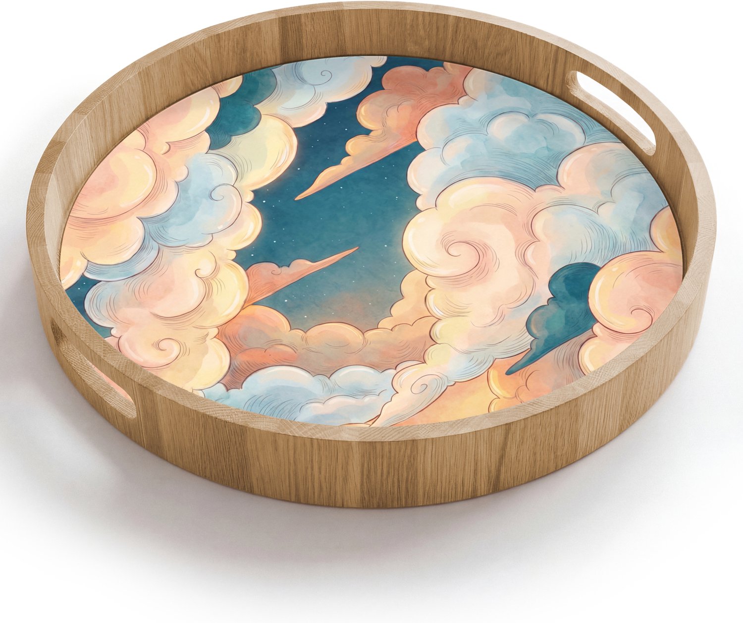 Dienblad rond 40x40 cm - Schootdienblad hout - Wolk - Lucht - Natuur - Illustratief - Oranje - Borrelplank rechthoek - Plateau houten dienbladen