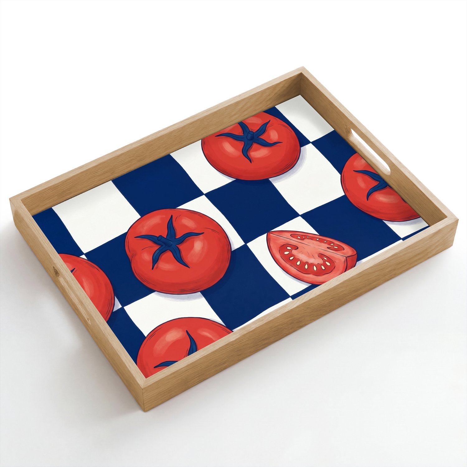 Dienblad hout 50x35 cm - Schootdienblad - Eten - Tomaten - Keuken - Illustratie - Rood-Blauw - Borrelplank rechthoek - Plateau dienbladen