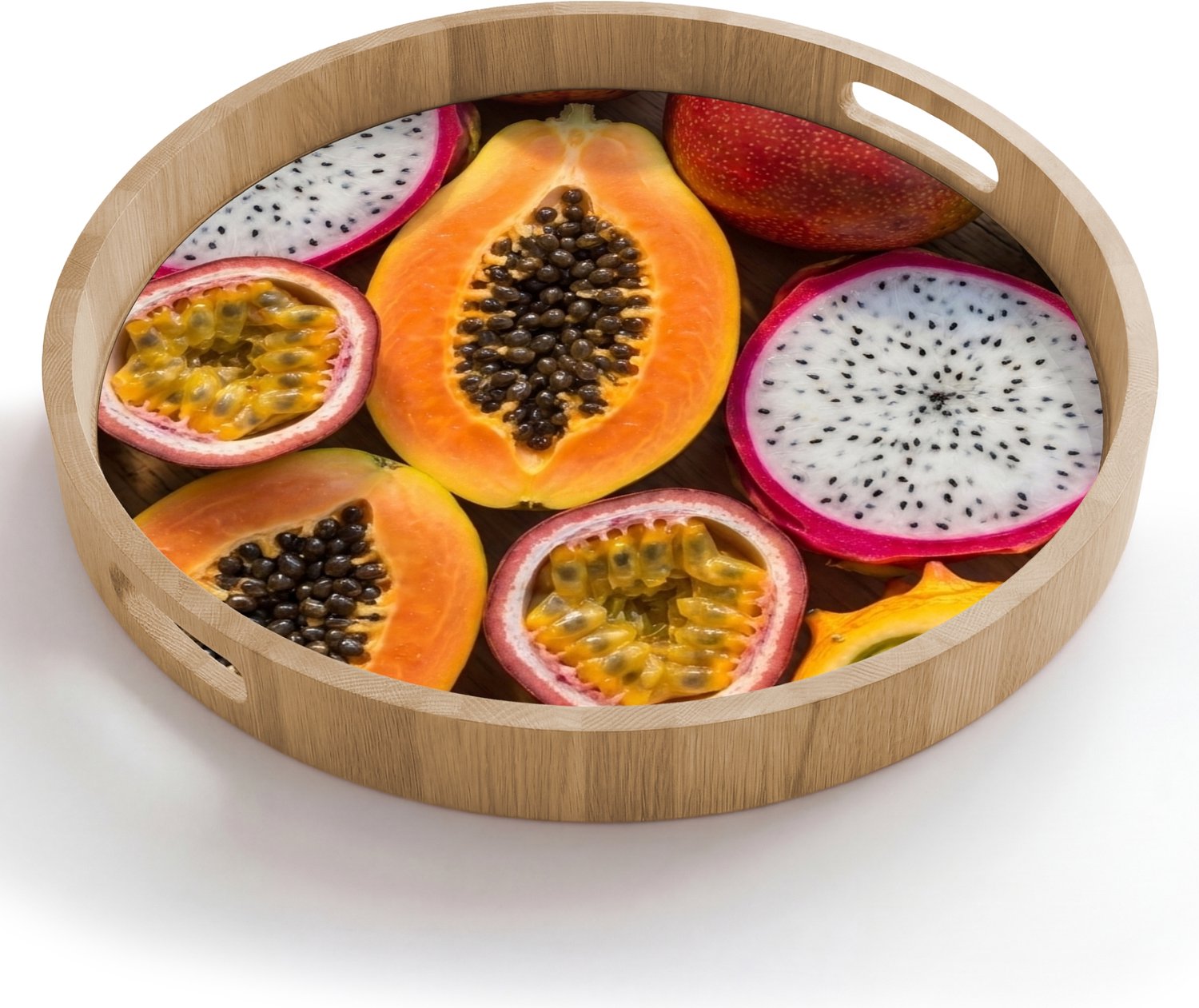 Dienblad rond 50x50 cm - Schootdienblad hout - Fruit - Geopend - Tropisch - Eten - Kleurrijk - Borrelplank rechthoek - Plateau houten dienbladen