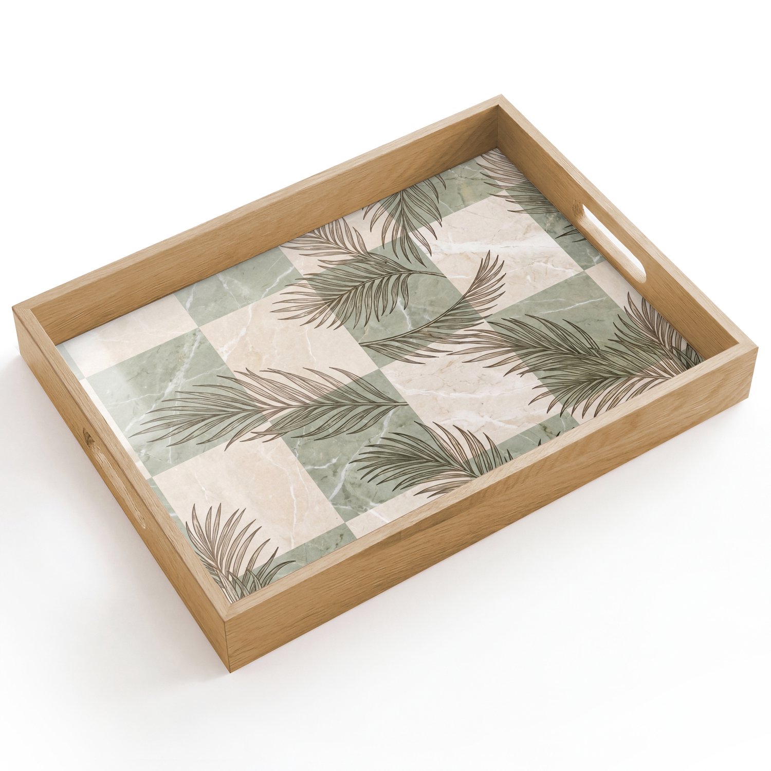 Dienblad hout 40x30 cm - Schootdienblad - Planten - Bladeren - Marmer - Modern - Groen - Borrelplank rechthoek - Plateau dienbladen