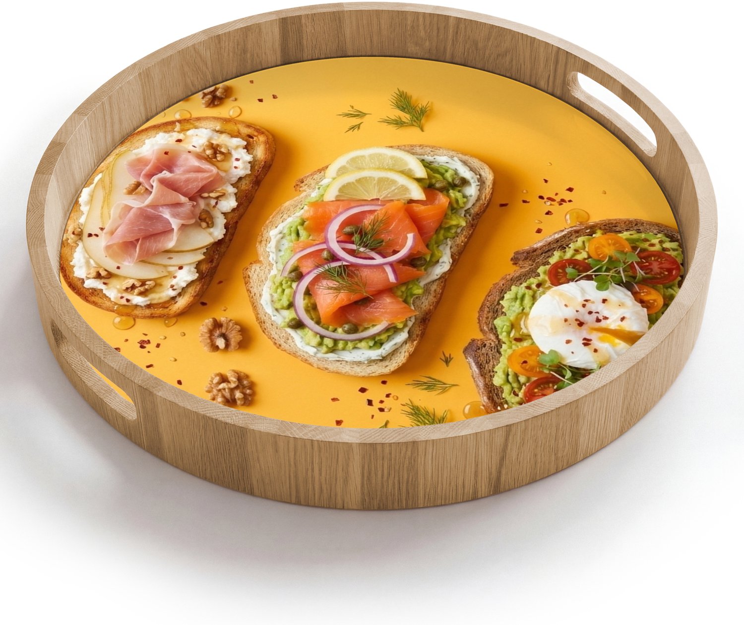 Dienblad rond 40x40 cm - Schootdienblad hout - Eten - Brood - Ontbijt - Modern - Kleurrijk - Borrelplank rechthoek - Plateau houten dienbladen