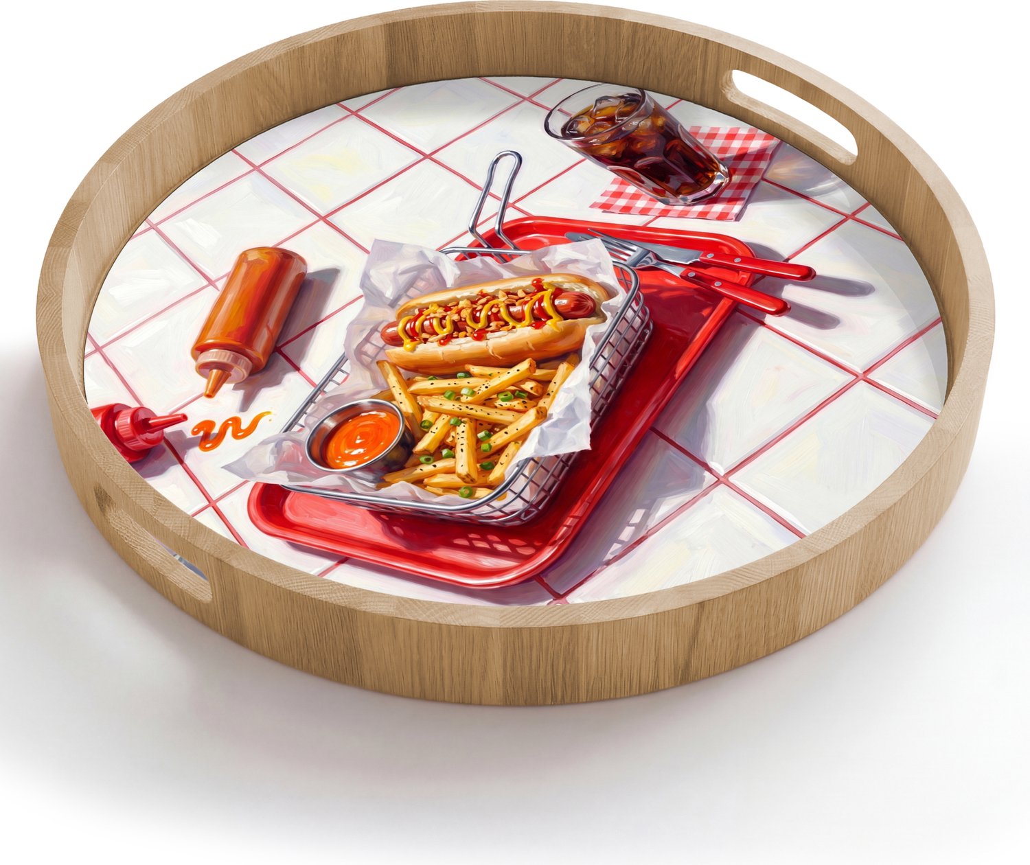 Dienblad rond 50x50 cm - Schootdienblad hout - Eten - Hotdog - Fastfood - Modern - Rood - Borrelplank rechthoek - Plateau houten dienbladen