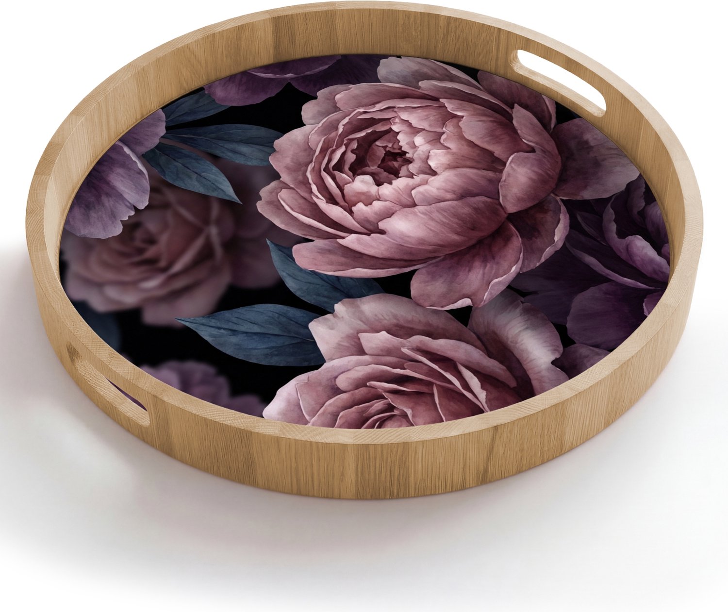 Dienblad rond 50x50 cm - Schootdienblad hout - Bloemen - Patroon - Donker - Botanisch - Paars - Borrelplank rechthoek - Plateau houten dienbladen