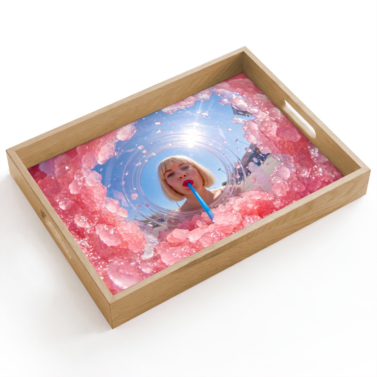 Dienblad hout 40x30 cm - Schootdienblad - Vrouw - Drank - Zomer - Roze - Blauw - Borrelplank rechthoek - Plateau dienbladen