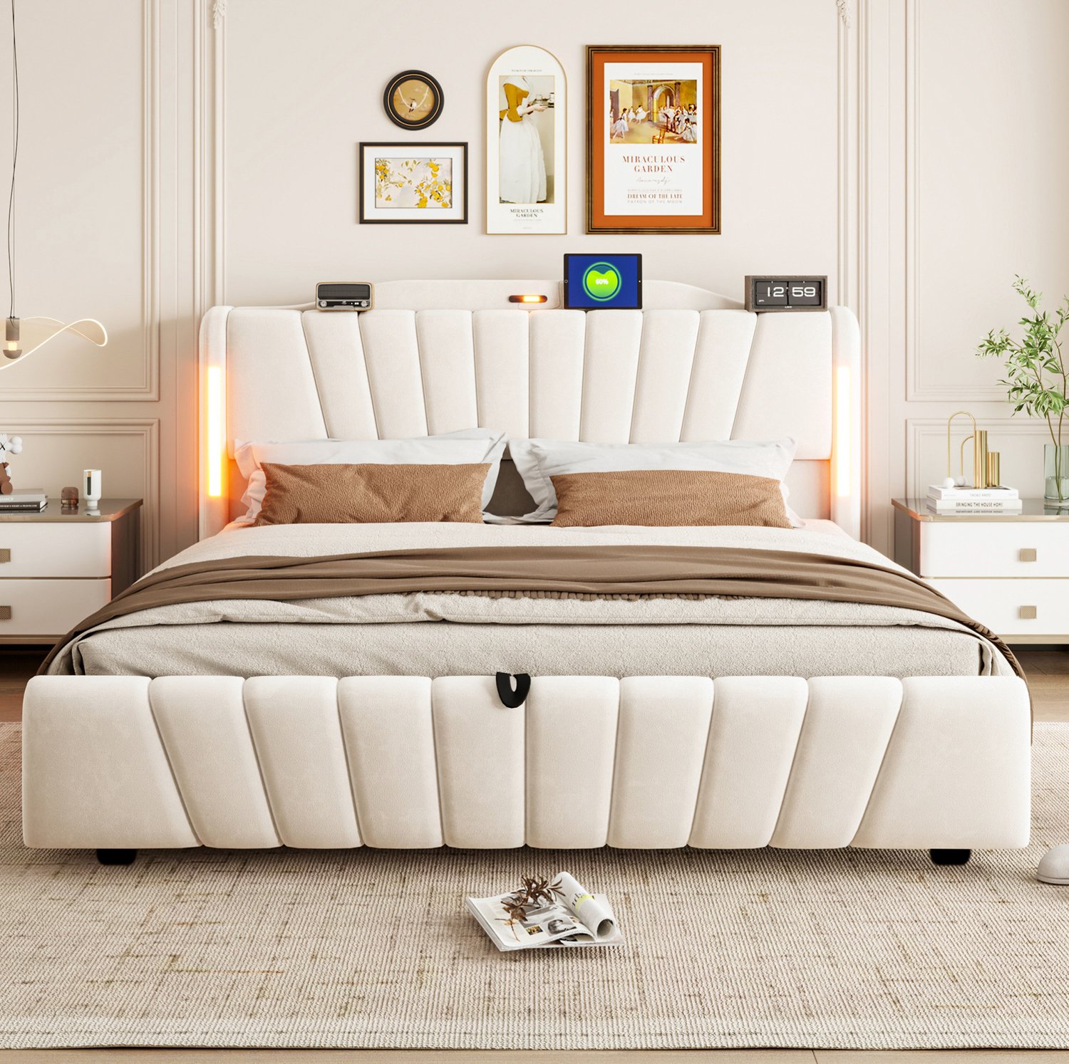 OKWISH Gestoffeerd Tweepersoonsbed 180 x 200 cm - Hydraulische Opbergruimte - Hoofdbord met Verlichting en Oplaadaansluitingen - Zonder Matras - Beige