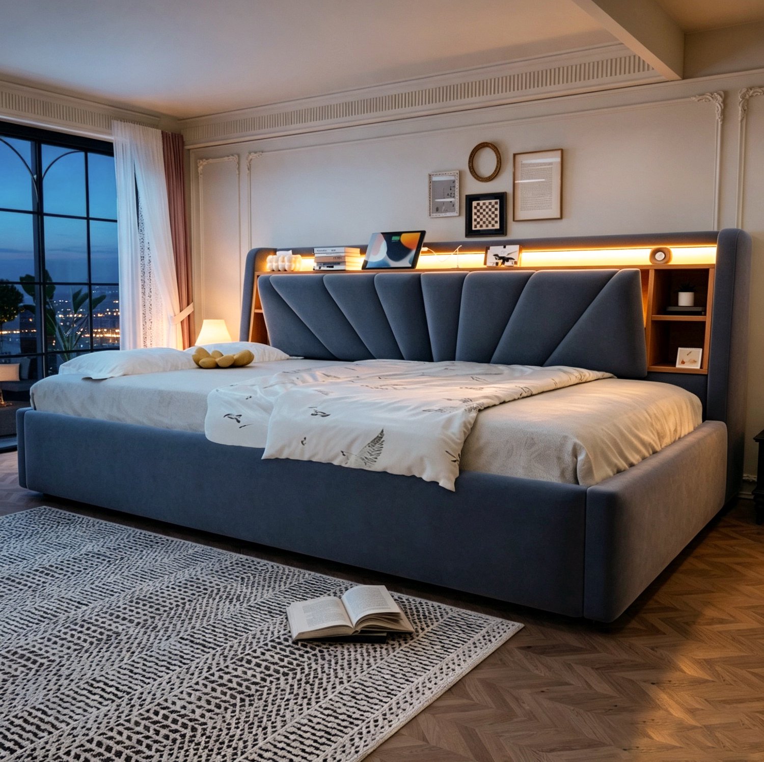 OKWISH Gestoffeerd Bed 90x200 cm - Slaapbank met Hydraulische Opbergruimte - Rugleuning met Licht en Usb - Fluweel - Zonder Matras - Donkergrijs
