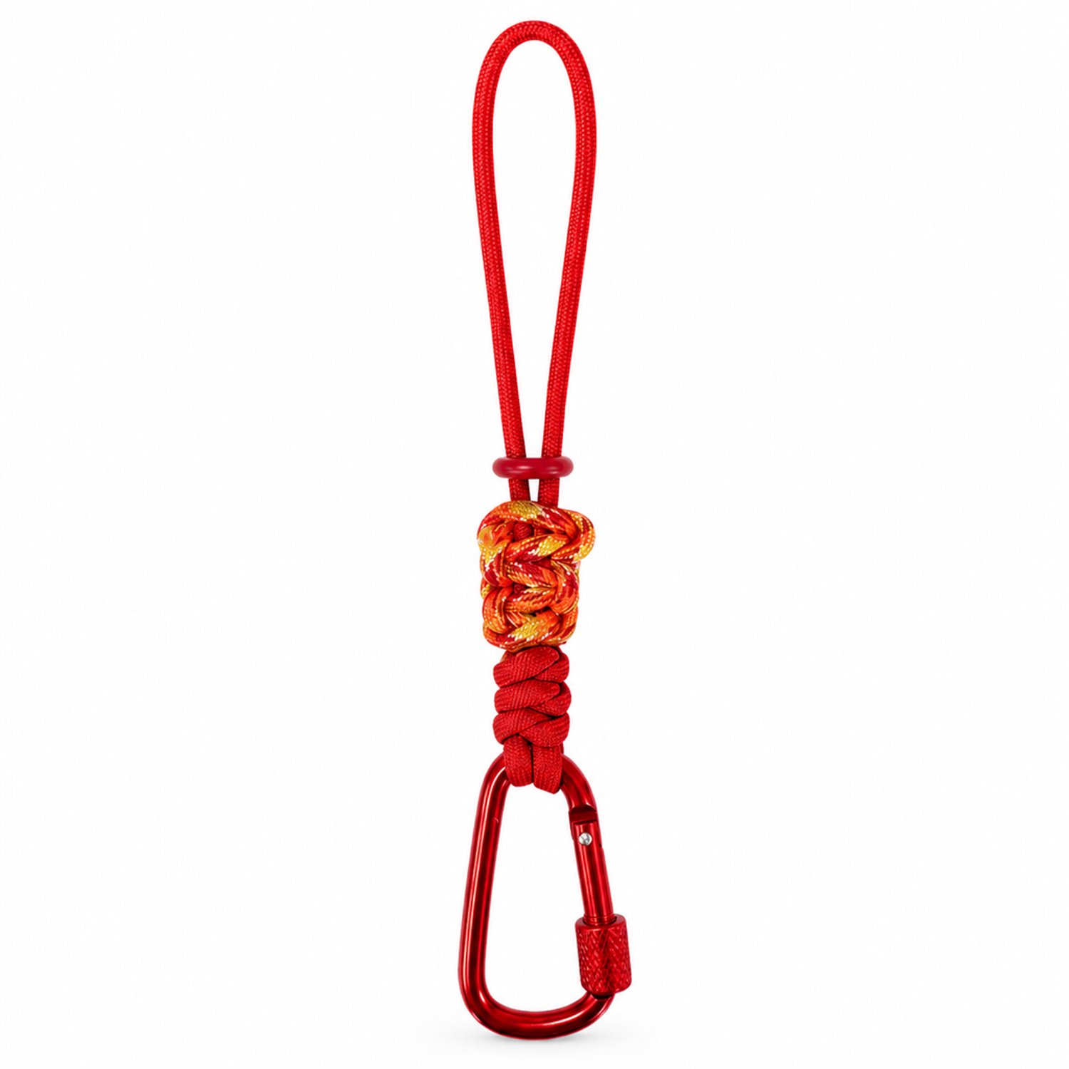 Telefoonkoord van gevlochten nylon - Rood - Kort koord met lus, metalen karabijnhaak en kleurrijk knoopdetail