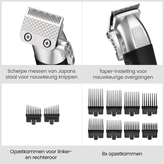 Overzicht van tondeusemessen van Japans staal, taper-instelling, oor-opzetkammen en 8 basis opzetkammen.