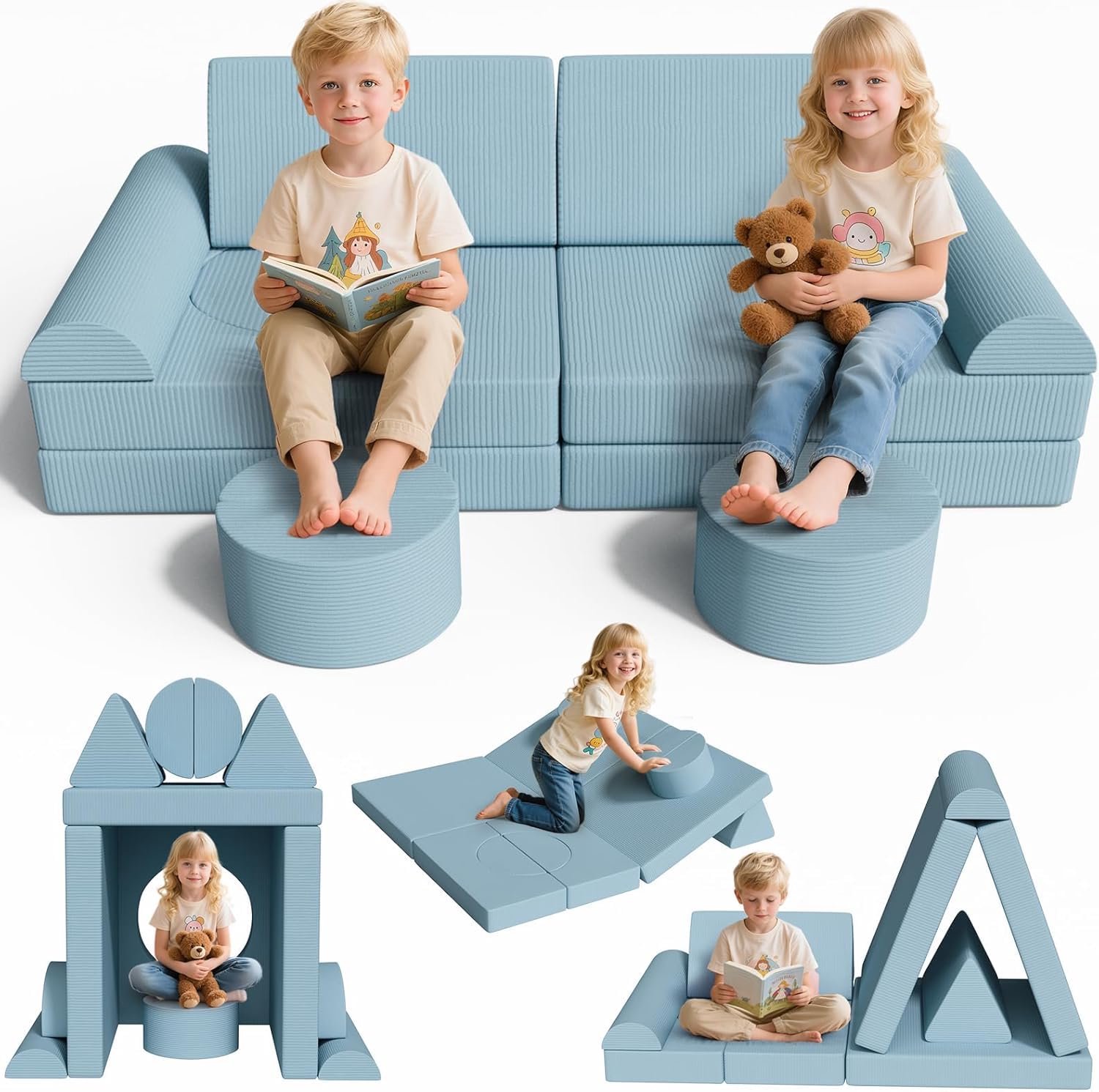LIFERUN 15-Delige Modulaire Speelbank - Kinderbank - voor Speelkamers Slaapkamers Kinderkamers Kinderopvang - Blauw