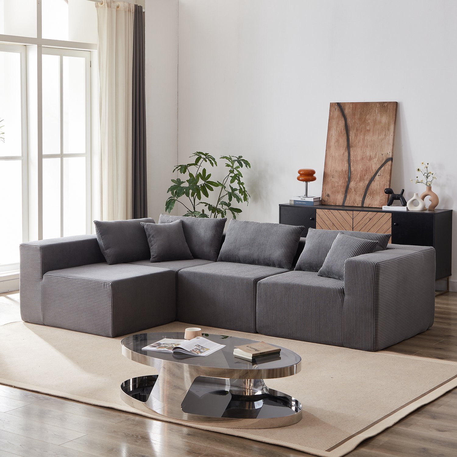 MEUNIQ Modulaire hoekbank, 4-delige L-vormige bank met ribstof bekleding en schuimvulling, vrij te combineren voor de woonkamer, grijs