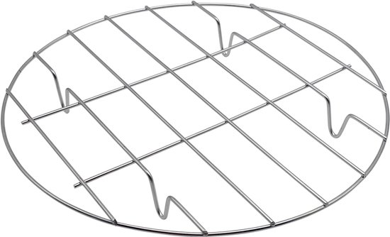 Rond metalen rooster met een rasterpatroon en gebogen pootjes.