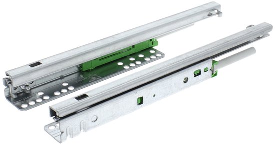 Set van twee stalen ladegeleiders van 40 cm met groene kunststof onderdelen en soft-close mechanisme.