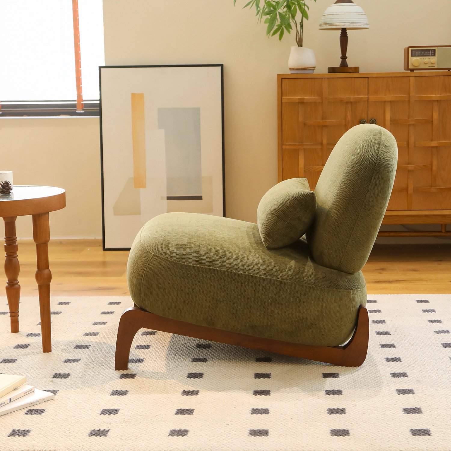MEUNIQ Fauteuil zonder armleuningen, 86,9 x 72,2 x 69,9 cm, groene fluwelen bekleding, zachte zitting en houten poten voor woonkamer of slaapkamer