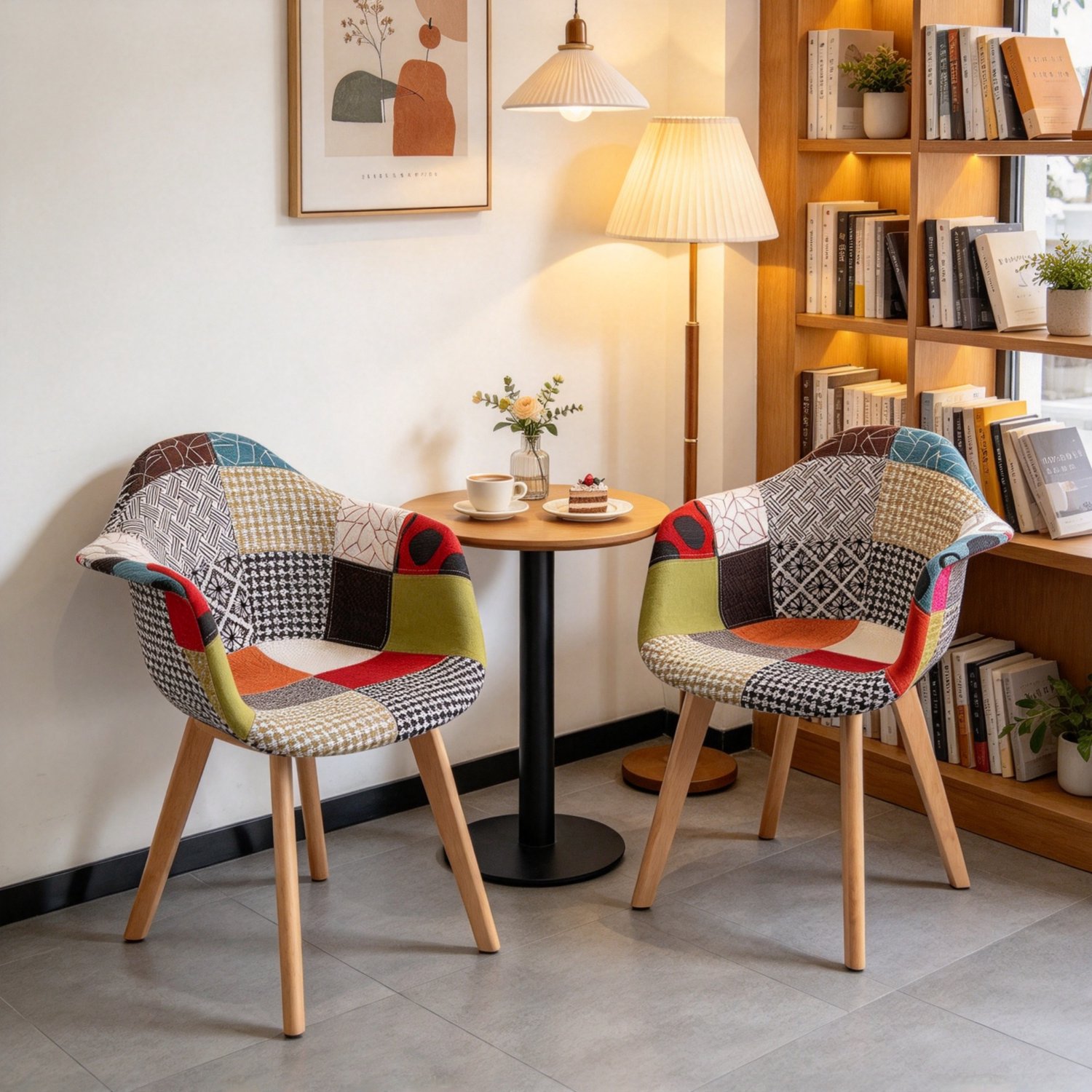 FloraGrace Eetkamerstoelen 43 x 47 x 81,5 cm - Set van 2 met Armleuningen en Patchwork - Voor Eetkamer en Werkkamer - Stof en Hout - Rood Meerkleurig