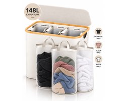 Bellettini® Opvouwbare Wasmand met Deksel - 3 Compartimenten - 600D Oxford Materiaal- Wassorteerder - 148 Liter - Beige
