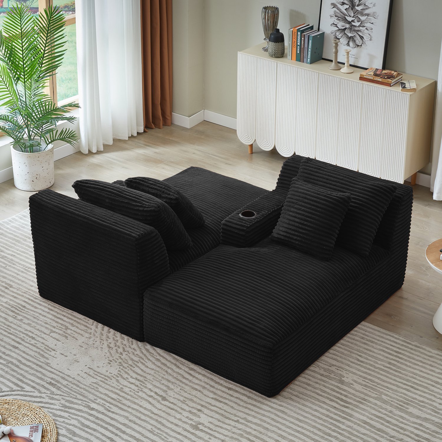 OKWISH Slaapbank voor 2 Personen - Dubbele Chaiselongue met Bekerhouders - Zonder Montage voor Woonkamer en Leeshoek - Ribstof - Zwart