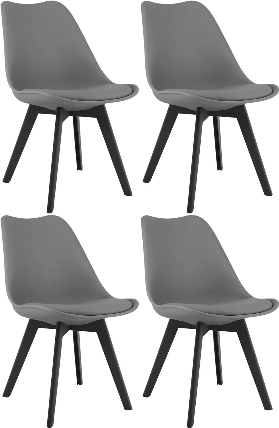 Moderne Eetkamerstoelen Set van 4 Graphite met Kunstleren Zitkussen, Ergonomische Kunststof Kuipstoelen met Zwarte Poten